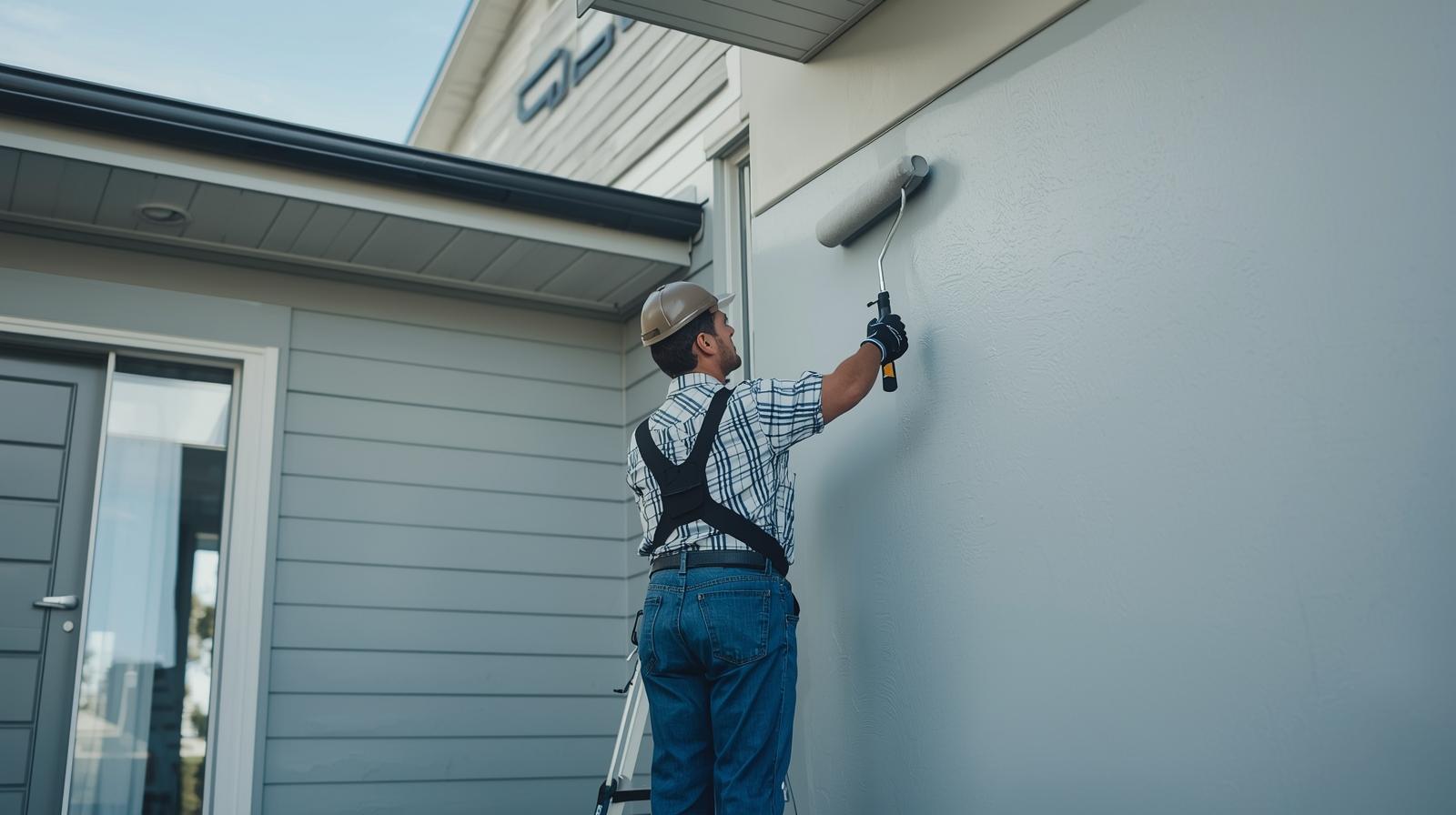 Professional painter applying a fresh exterior paint finish to a residential home.