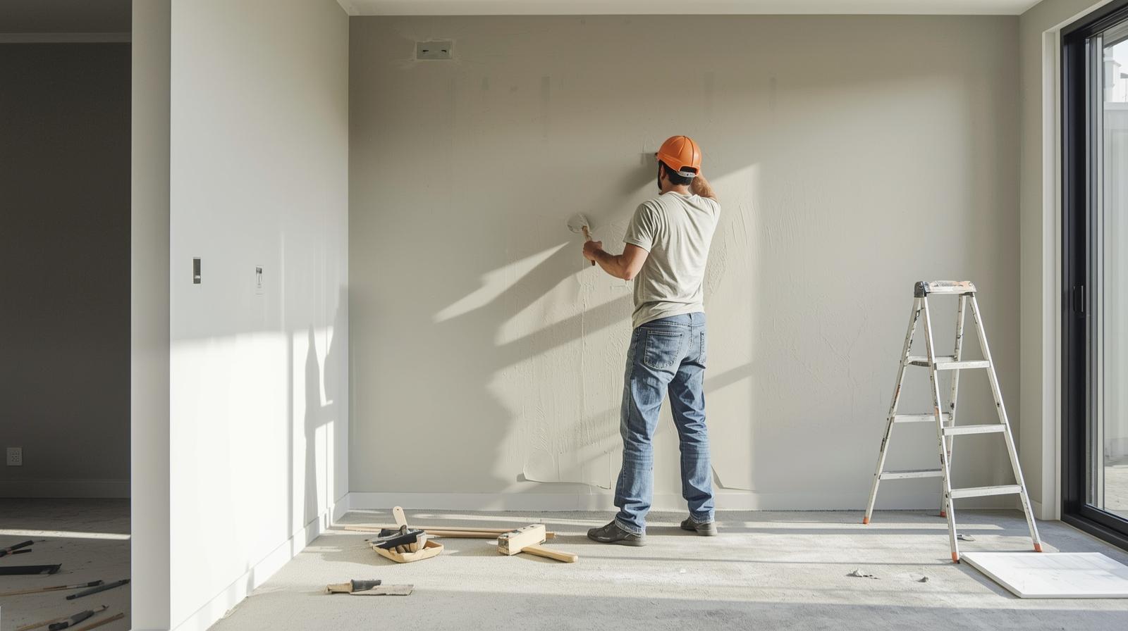 Professional plastering and wall repairs preparing an interior surface for painting.