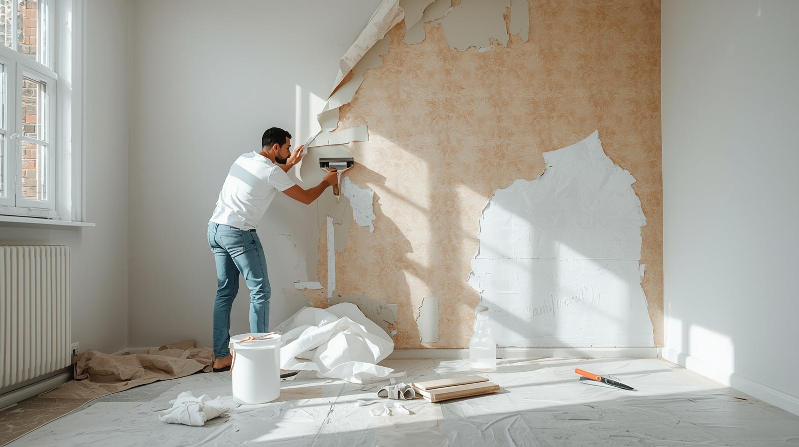 Professional wallpaper removal in progress, preparing interior walls for painting.
